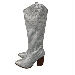 TOP Moda Knee-High Sparkling Silver Block Heeled Boots